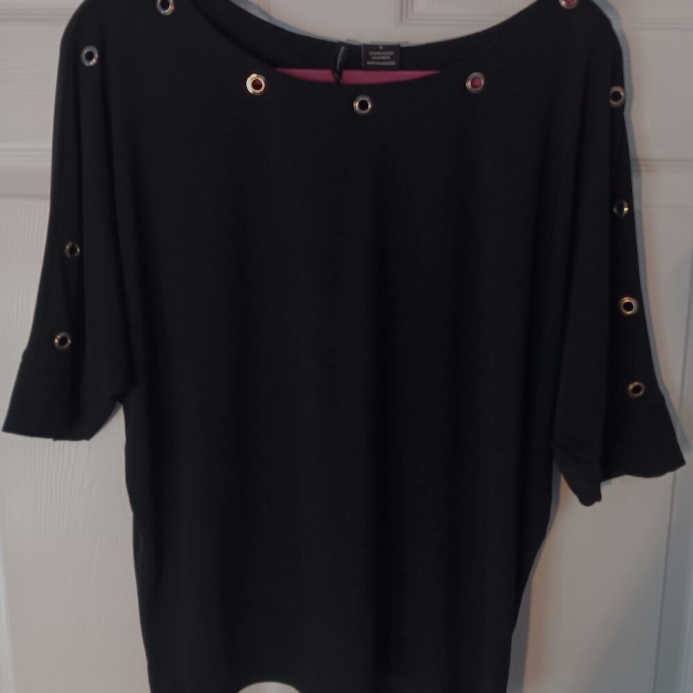 New Directions Women's Black Blouse with Eyelets‎ around neckline